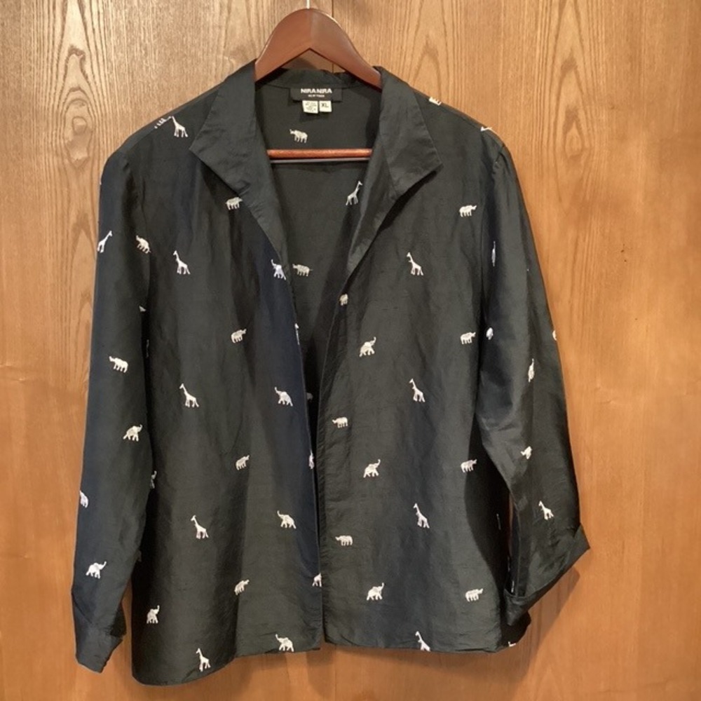 Vintage‎ Nira Nira New York Black 100% Silk Animal Embroidered Blazer/Jacket  XL